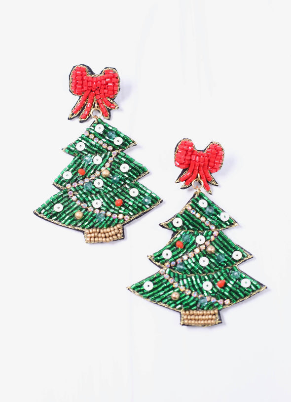 Caroline Hill - Christmas Tree with Bow Topper Earring GREEN
